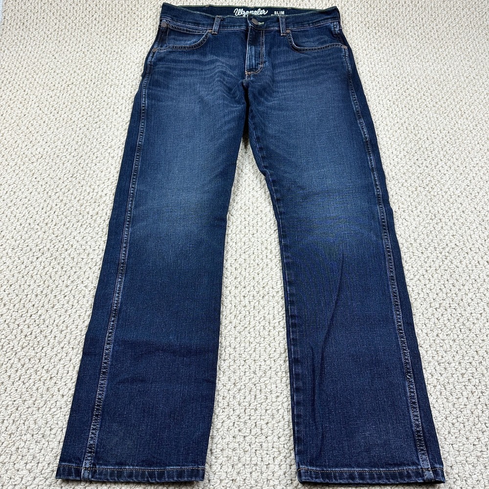Wrangler Retro Jeans Mens 34x31 Dark Blue Slim Straight Stretch Denim Whisker